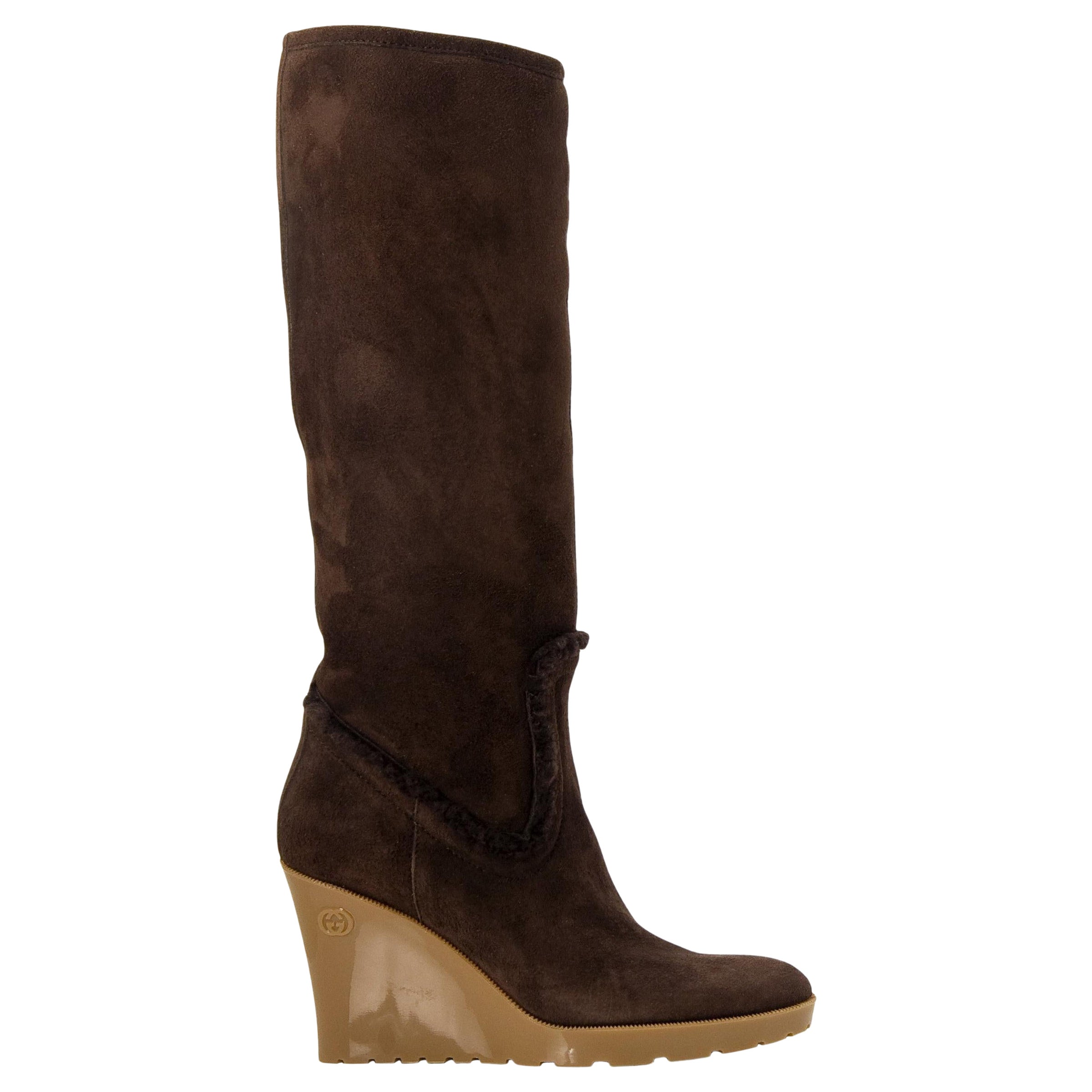 New Gucci Chocolate Brown Shearling Wedge Boots Sz 6.5