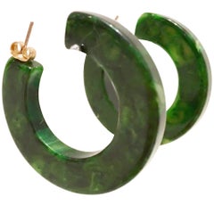 1950'S Bakelite Marbleized Green Hoop Pierced Earrings