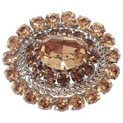 Austrian Amber and Topaz Colored Crystal Used Brooch Pin in Silver, Mid 1900s