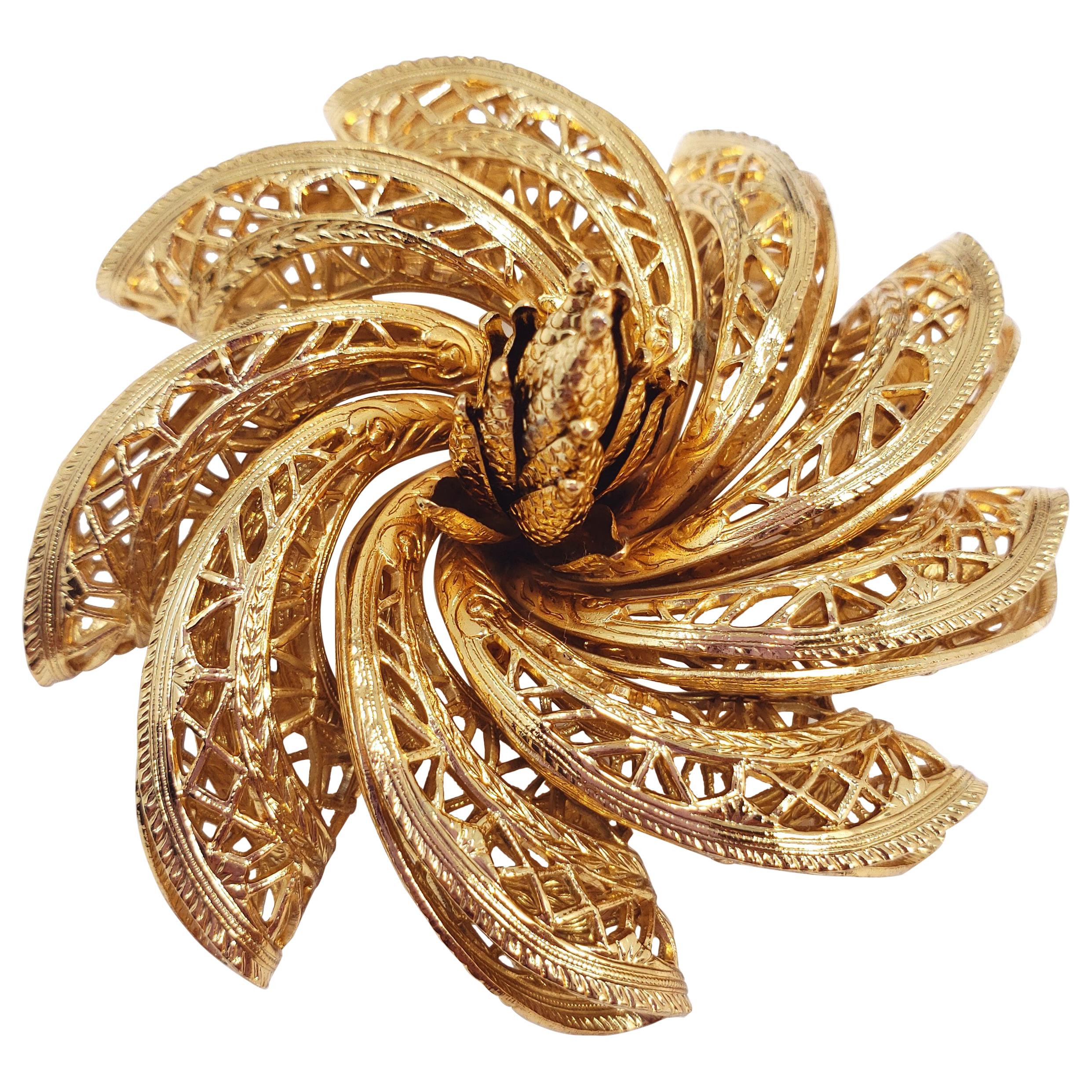 Large Corocraft Gold Filigree Flower Brooch Pin, 1950s For Sale