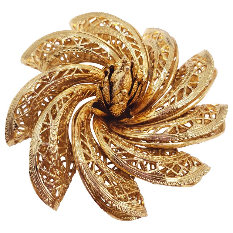 Large Corocraft Gold Filigree Flower Brooch Pin, 1950s For Sale at ...