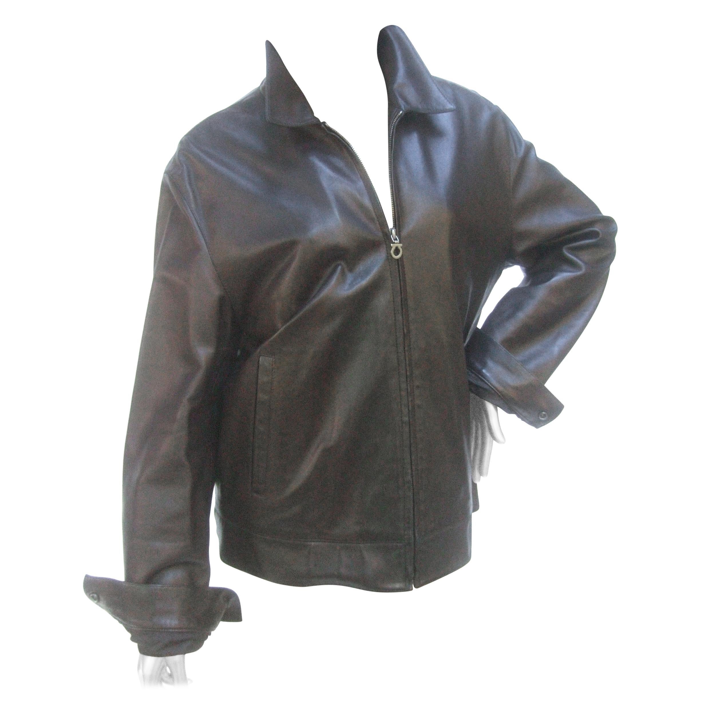 Salvatore Ferragamo Italian Chocolate Brown Leather Unisex Jacket circa 21st C For Sale