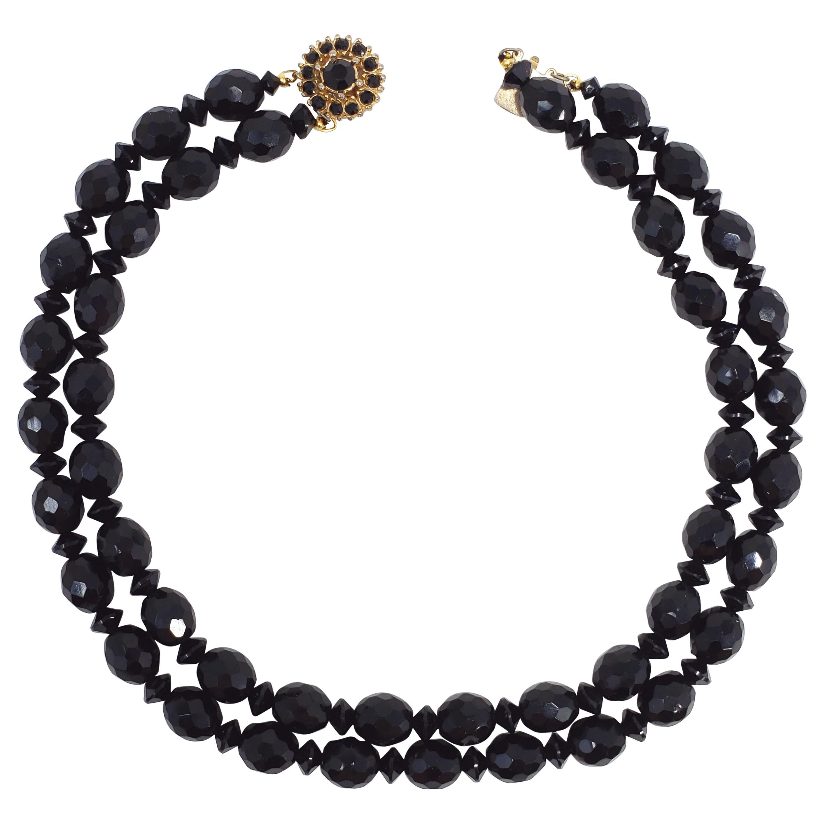 Bergere Black Faceted Jet Double Strand Necklace, Gold Plated Clasp, 1960s