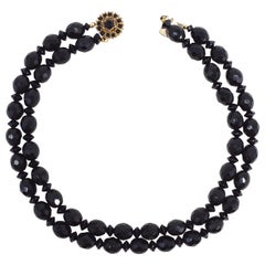 Bergere Black Faceted Jet Double Strand Necklace, Gold Plated Clasp, 1960s