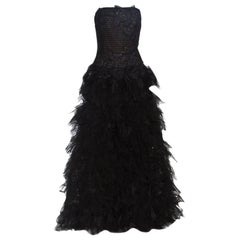Tadashi Shoji Black Tulle Embroidered Faux Feather Strapless Gown M