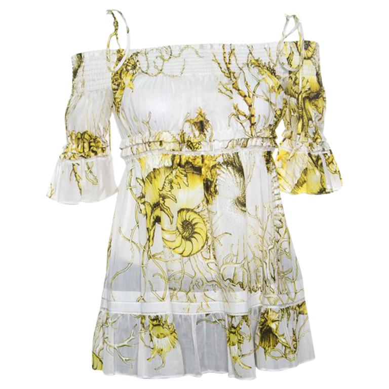 Roberto Cavalli White and Yellow Floral Printed Cotton Off Shoulder Blouse M