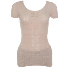 Chanel Beige Perforated Rib Knit Logo Applique Detail Fitted Top S