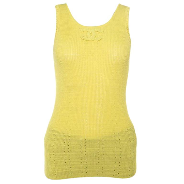 Chanel Yellow Perforated Rib Knit Logo Applique Detail Sleeveless Tank Top S