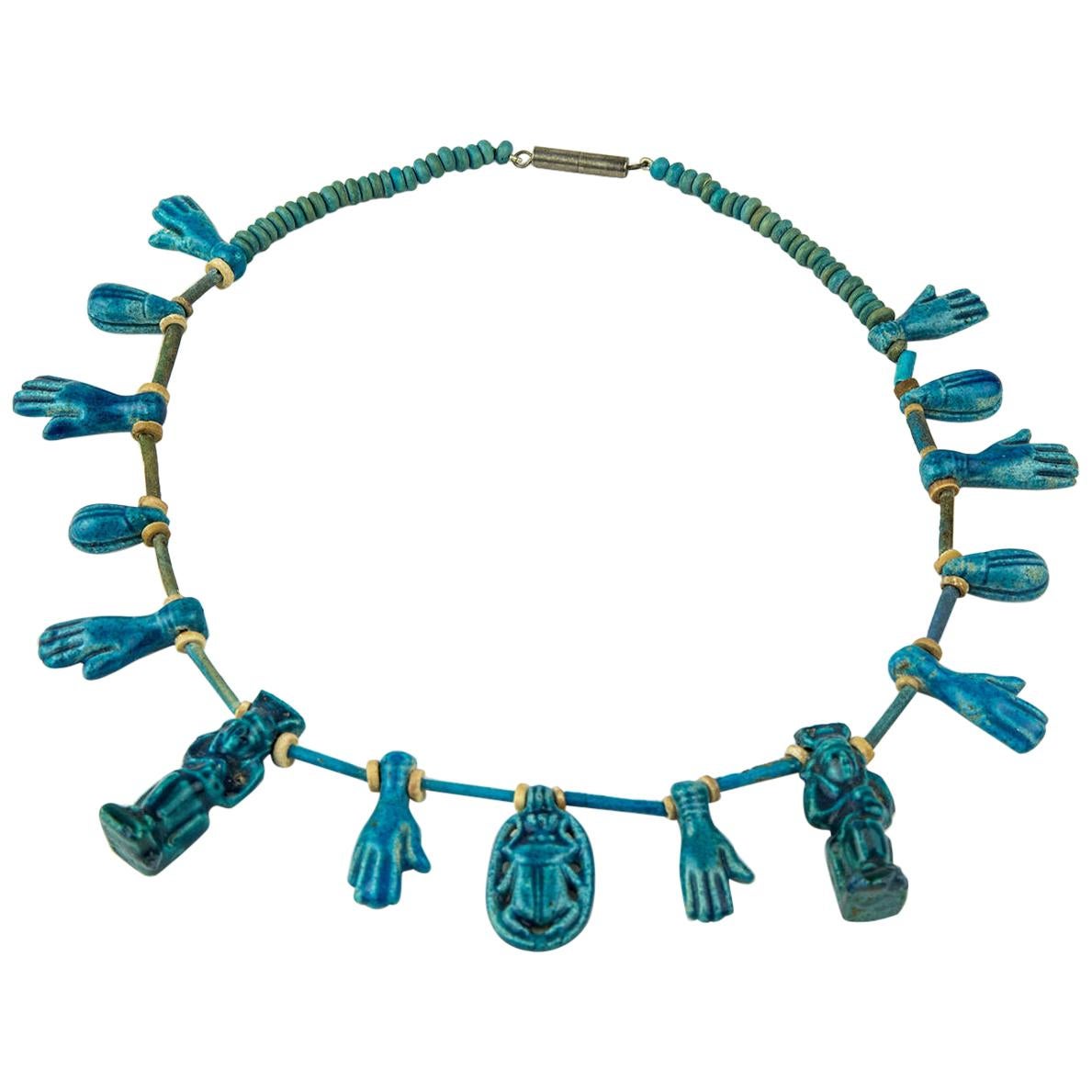 Antique Blue Glaze Faience Porcelain Amulet Estate Necklace For Sale