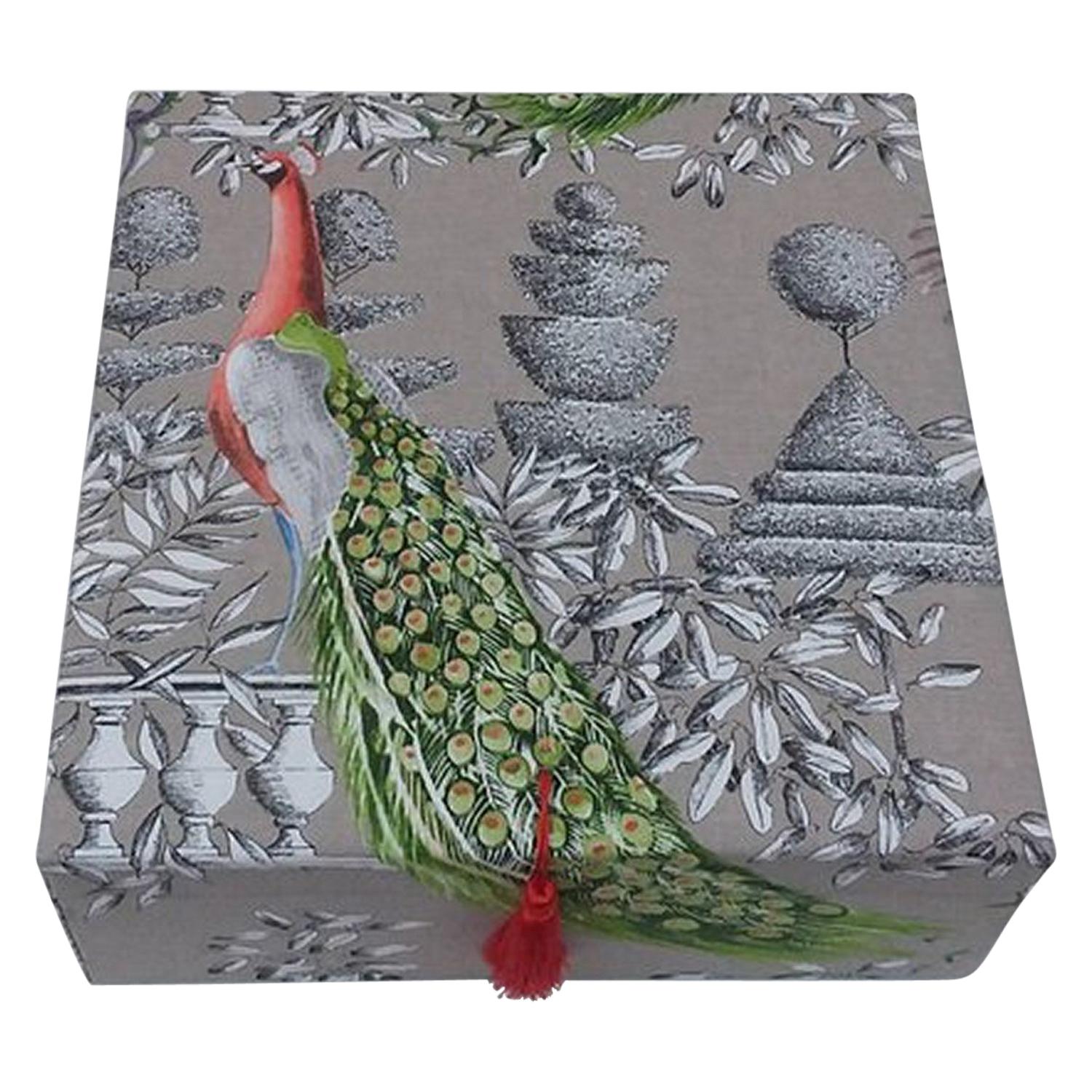 Birds Printed Fabric Decorative Storage Box for Scarves Handmade in France