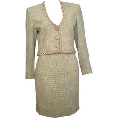 Vintage Ungaro 1980s Sea Foam Nubby Wool Skirt Suit Size 4. 