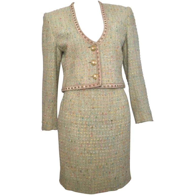 Ungaro 1980s Sea Foam Nubby Wool Skirt Suit Size 4. For Sale at 1stDibs