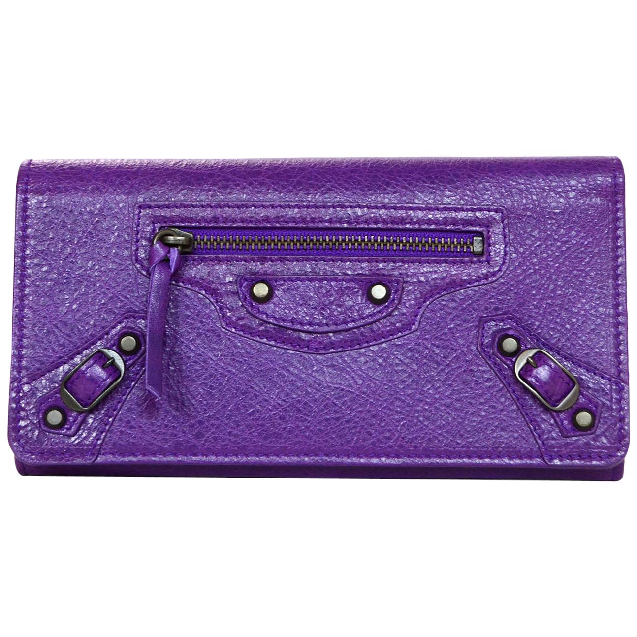 Balenciaga Purple Leather Classic Wallet W/ Brass Hardware & Dust Bag