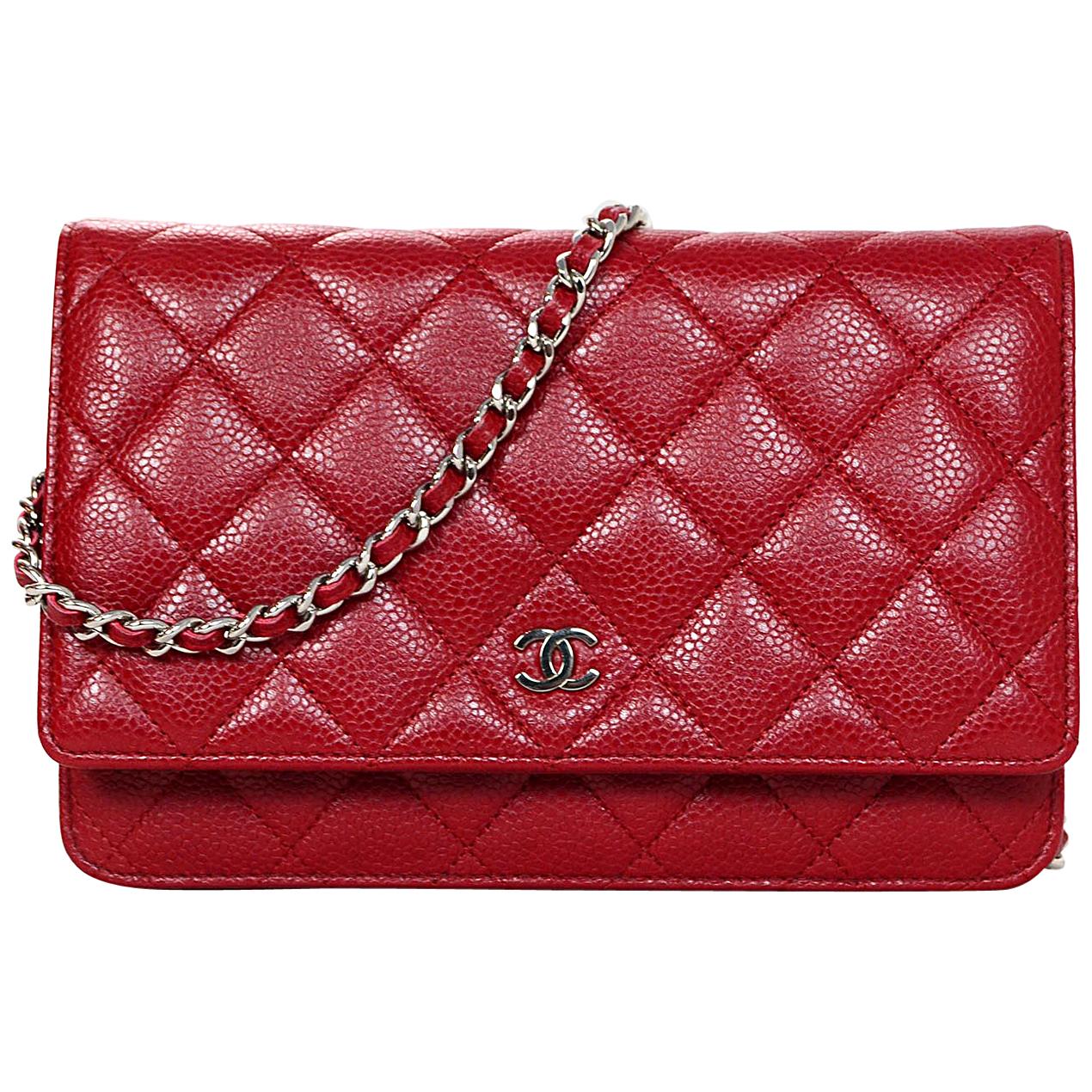 Chanel Red Caviar Leather WOC Wallet On Chain Crossbody Bag w/ Dust Bag
