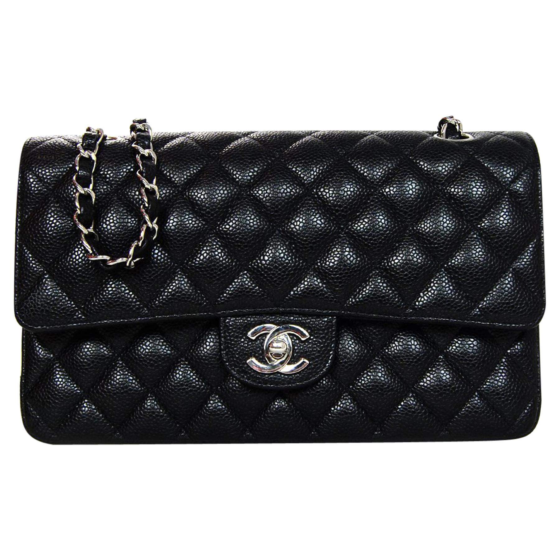 Chanel Black Quilted Caviar Leather Medium 10" Double Flap Classic Bag w. Silver