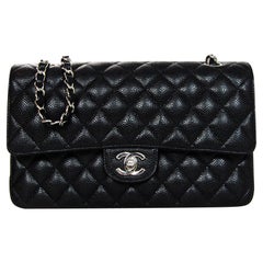 Chanel Black Quilted Caviar Leather Medium 10" Double Flap Classic Bag w. Silver