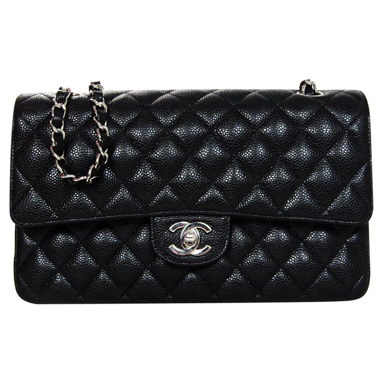 Chanel Black Quilted Caviar Leather Medium 10" Double Flap Classic Bag