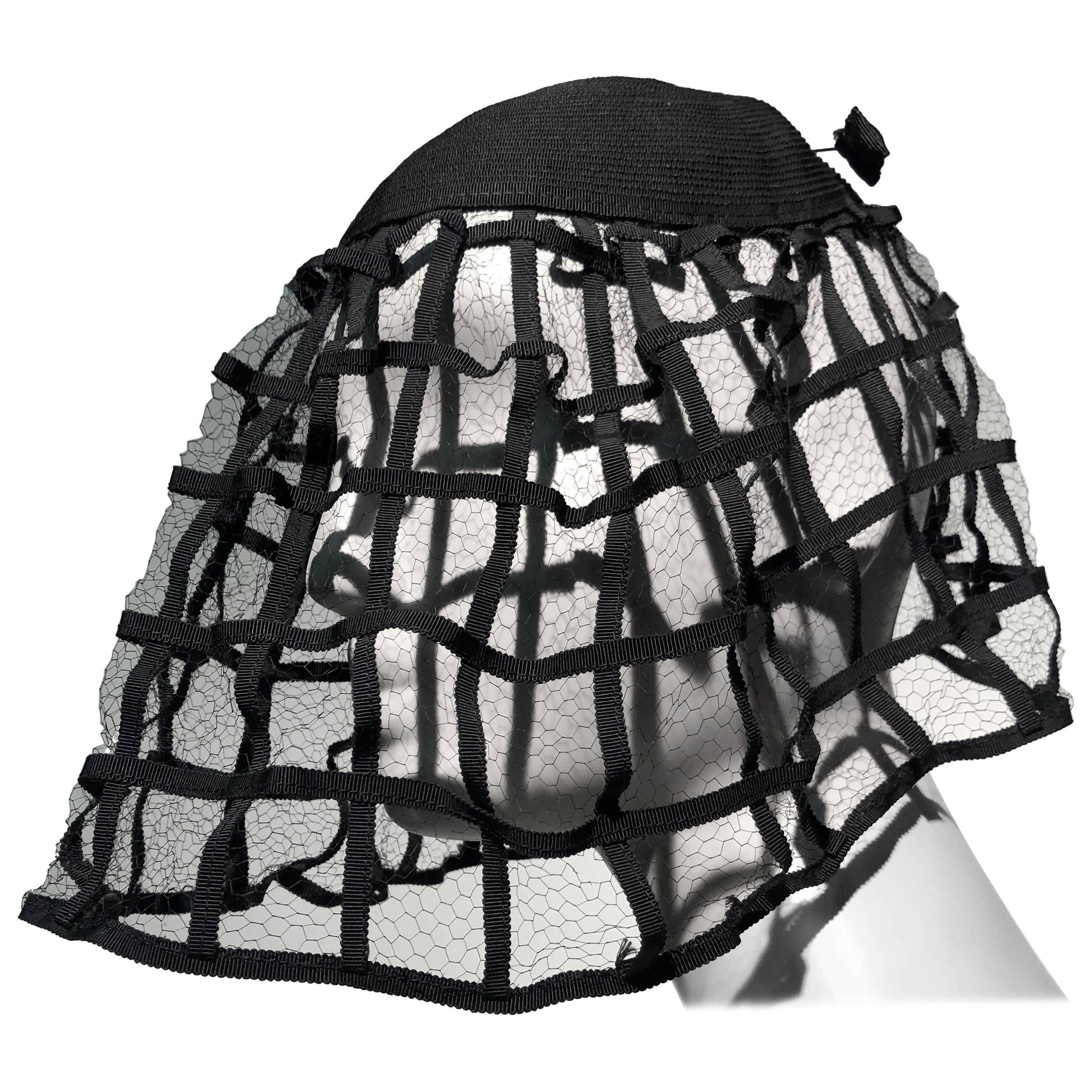 1940s Hattie Carnegie Black Ribbon Cage Veil Hat Never Worn