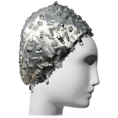 1960s Christian Dior Silver-White Satin Petite Bubble Hat W/ Sparkling Beadwork