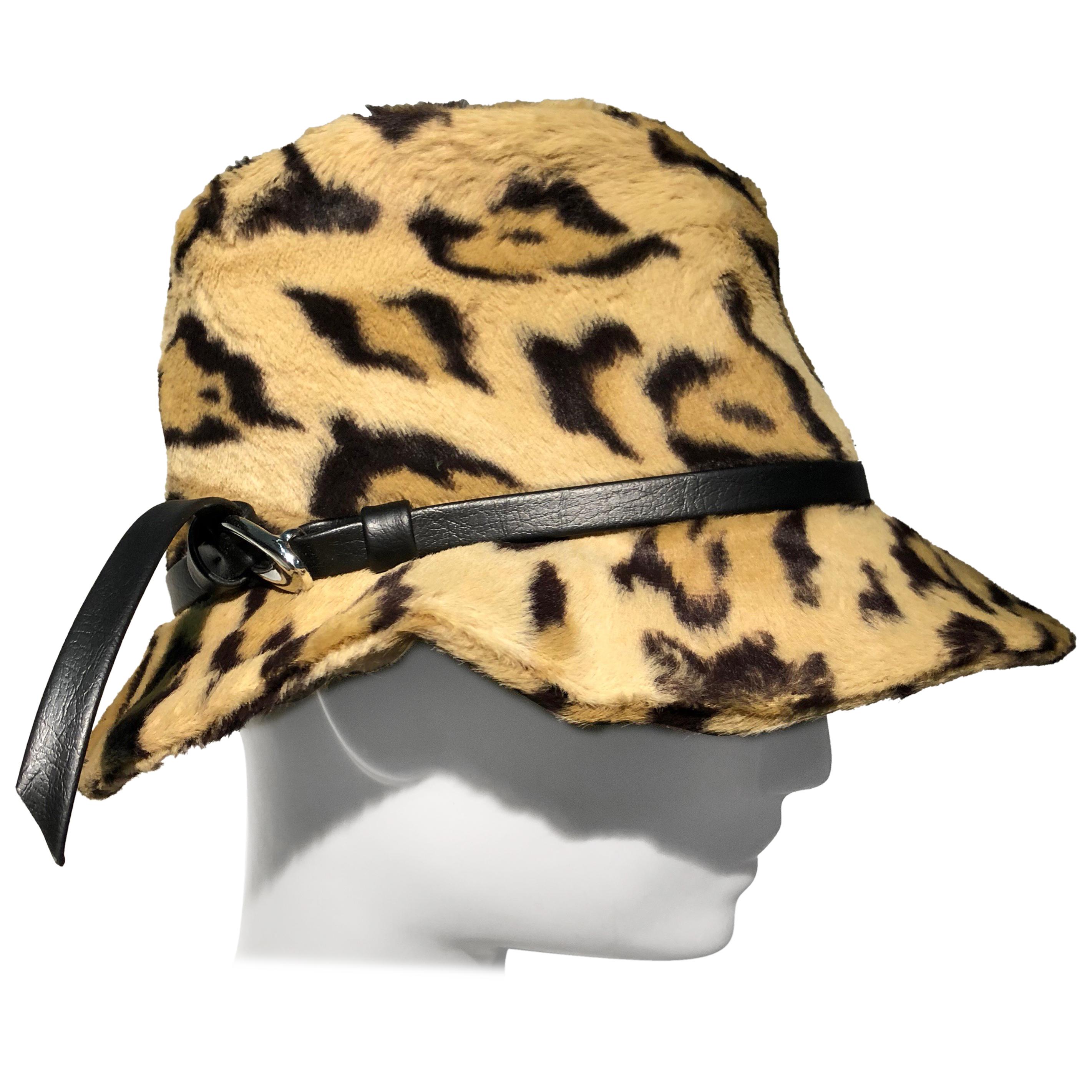 1960s Adolfo Réalités Leopard Print Faux Fur Fedora W/ Buckled Band For Sale