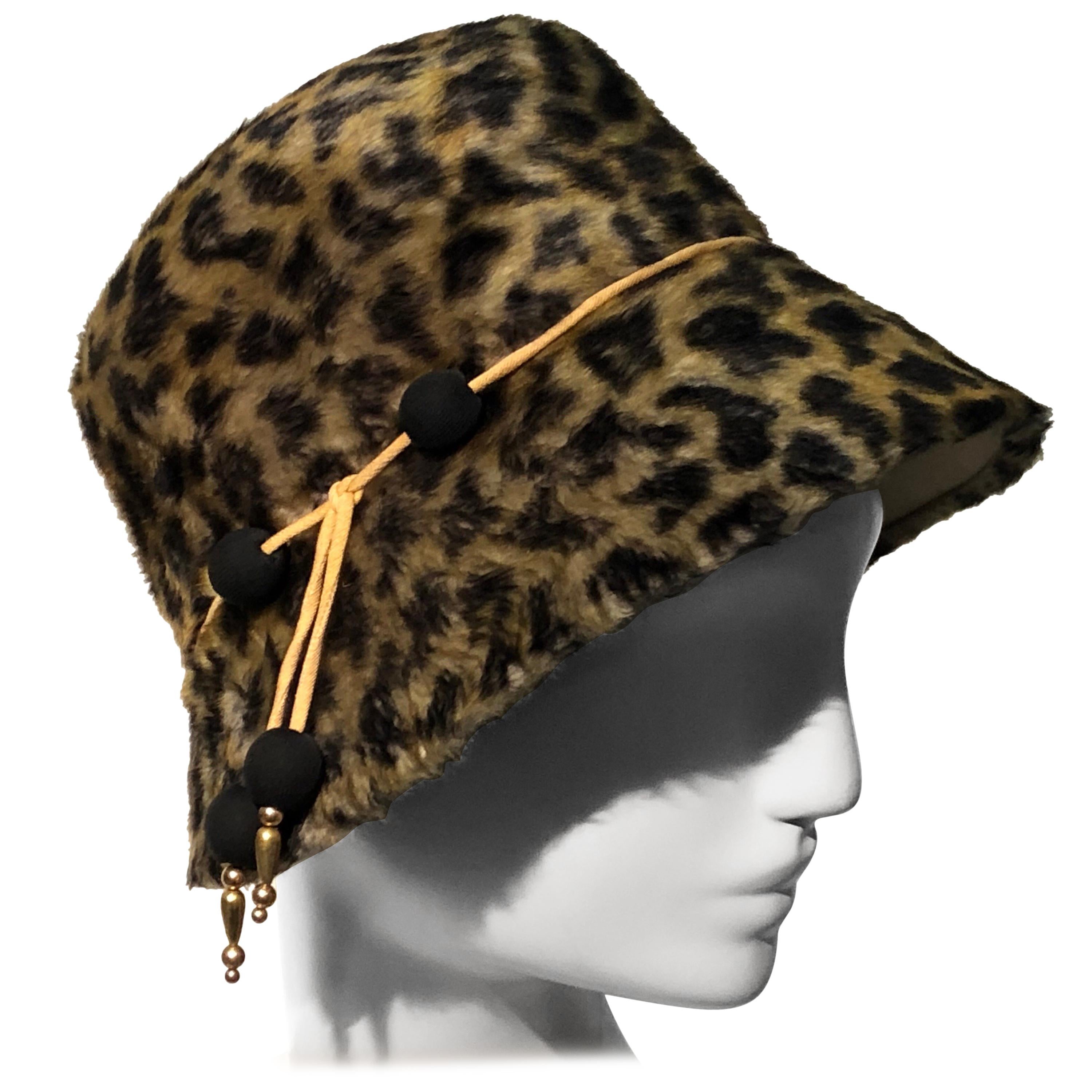 1960s Leslie James Leopard Print Faux Fur Bucket Style Hat W/ Unique Beaded Band