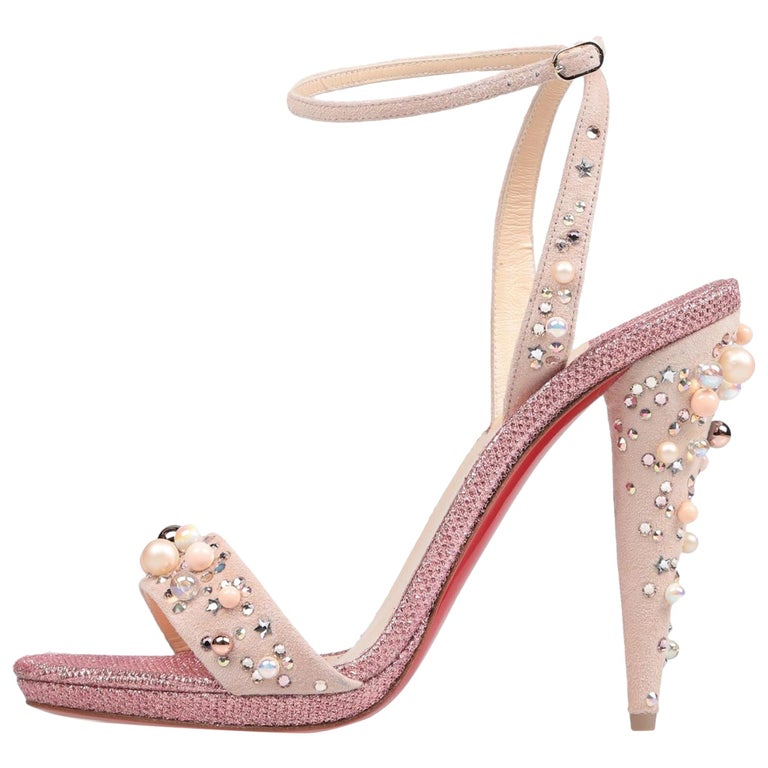 Christian Louboutin NEW Pink Suede Crystal Bead Evening Sandals Heels ...