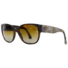 Chanel Brown Sunglasses W/ Tweed Arm & Boy CC Logo W/ Case & Dust Bag