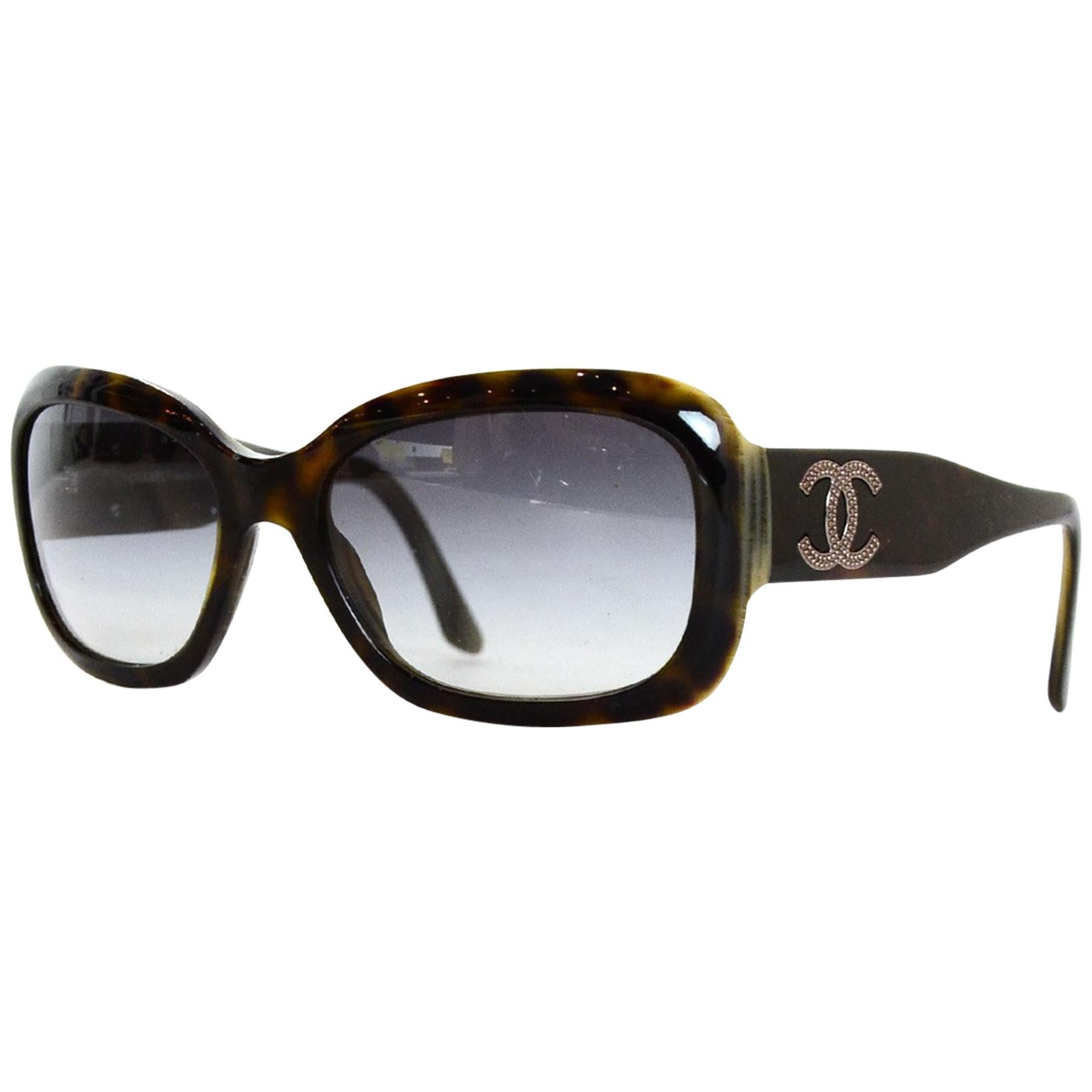 Chanel Tortoise Resin Sunglasses W/ CC On Arms & Case