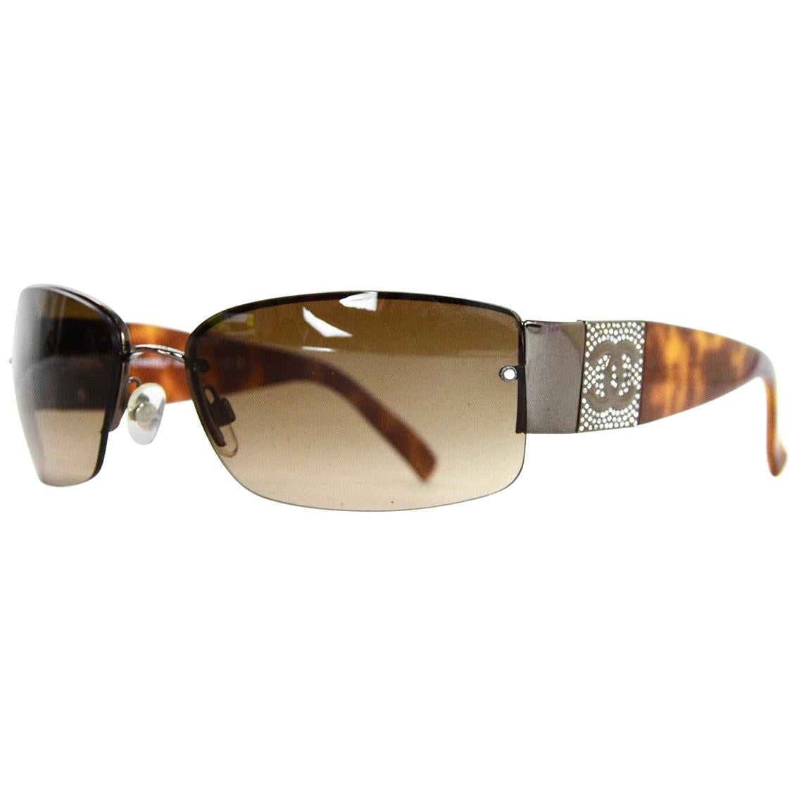 Chanel Brown Resin Rimless Sunglasses W/ Crystal CC On Arms