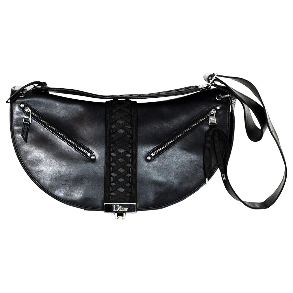 Christian Dior Black Leather Saddle Messenger Bag W/ Corset Lace Detail 