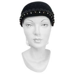 Vintage 1930s Black Fur Felt Skull Cap with Beadwork 