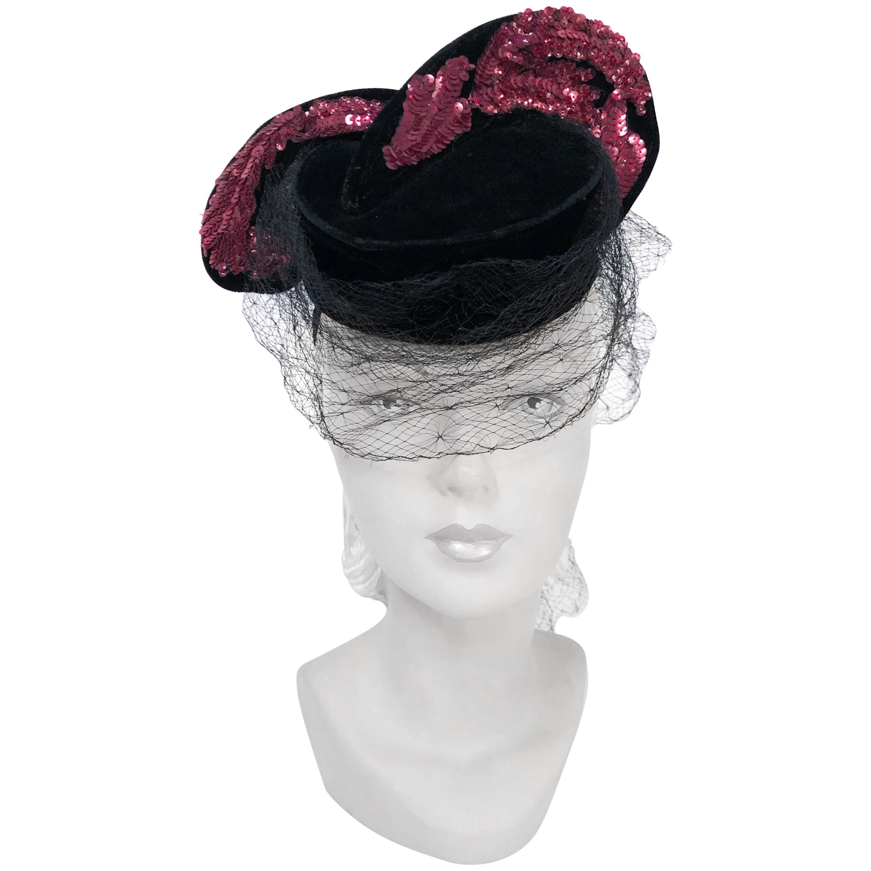 1940s Black Velvet Hat With Magenta Sequin Wings and Draped Veil