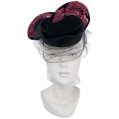 Vintage 1940s Black Velvet Hat With Magenta Sequin Wings and Draped Veil