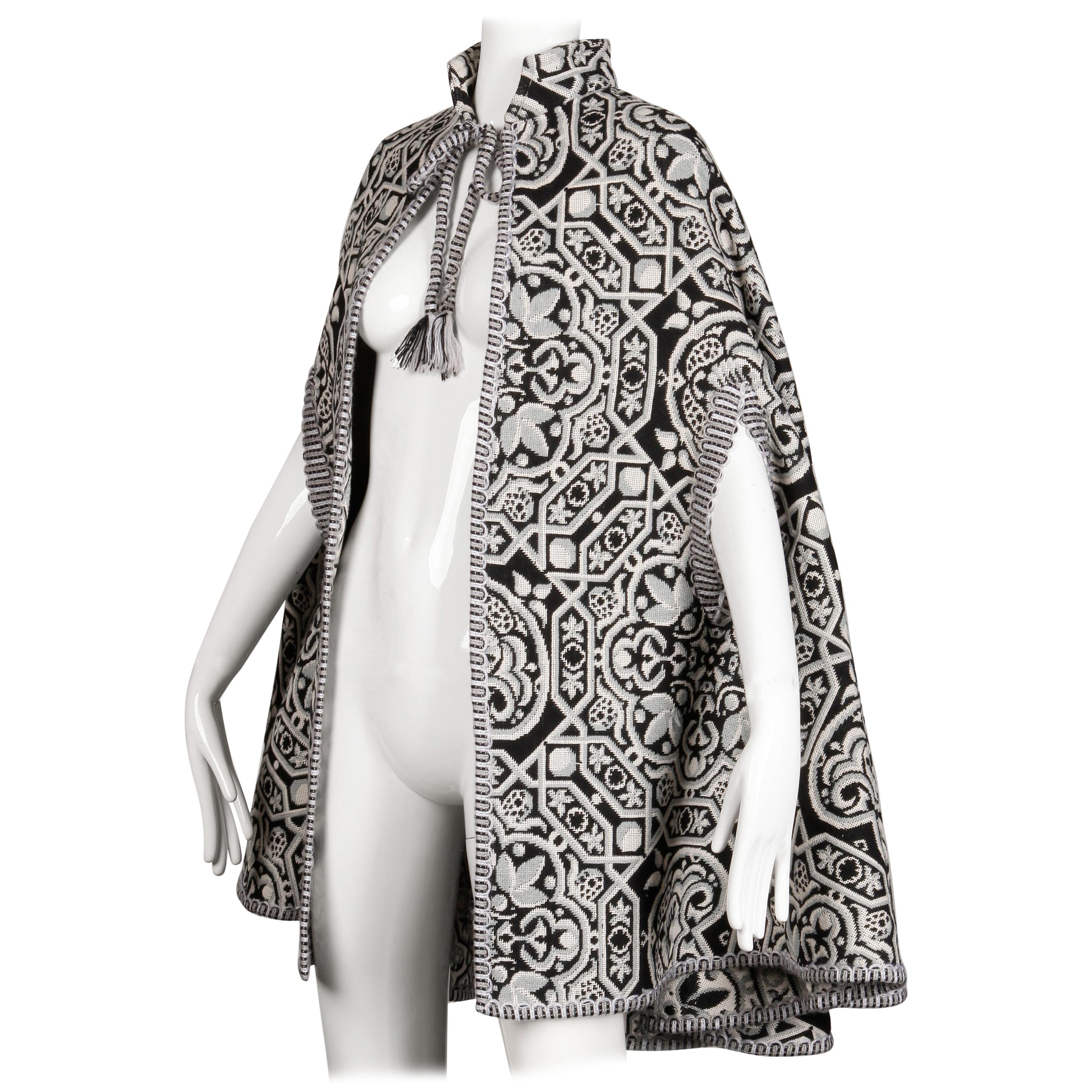 1970s Vintage Black, White + Gray Woven Tapestry Cape Coat/ Jacket (Spain)
