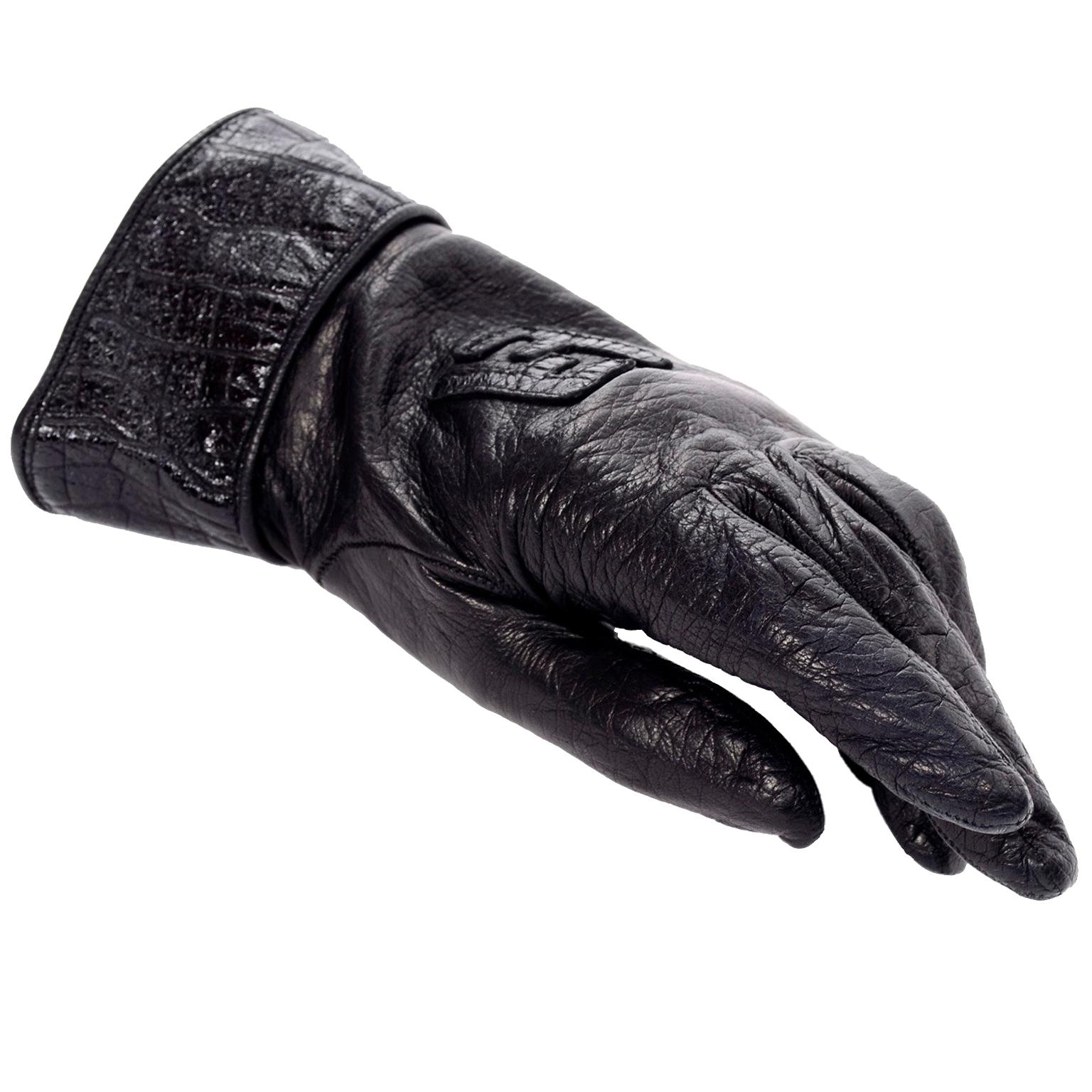 Vintage Fendi Monogram Black Leather Ladies Gauntlet Gloves