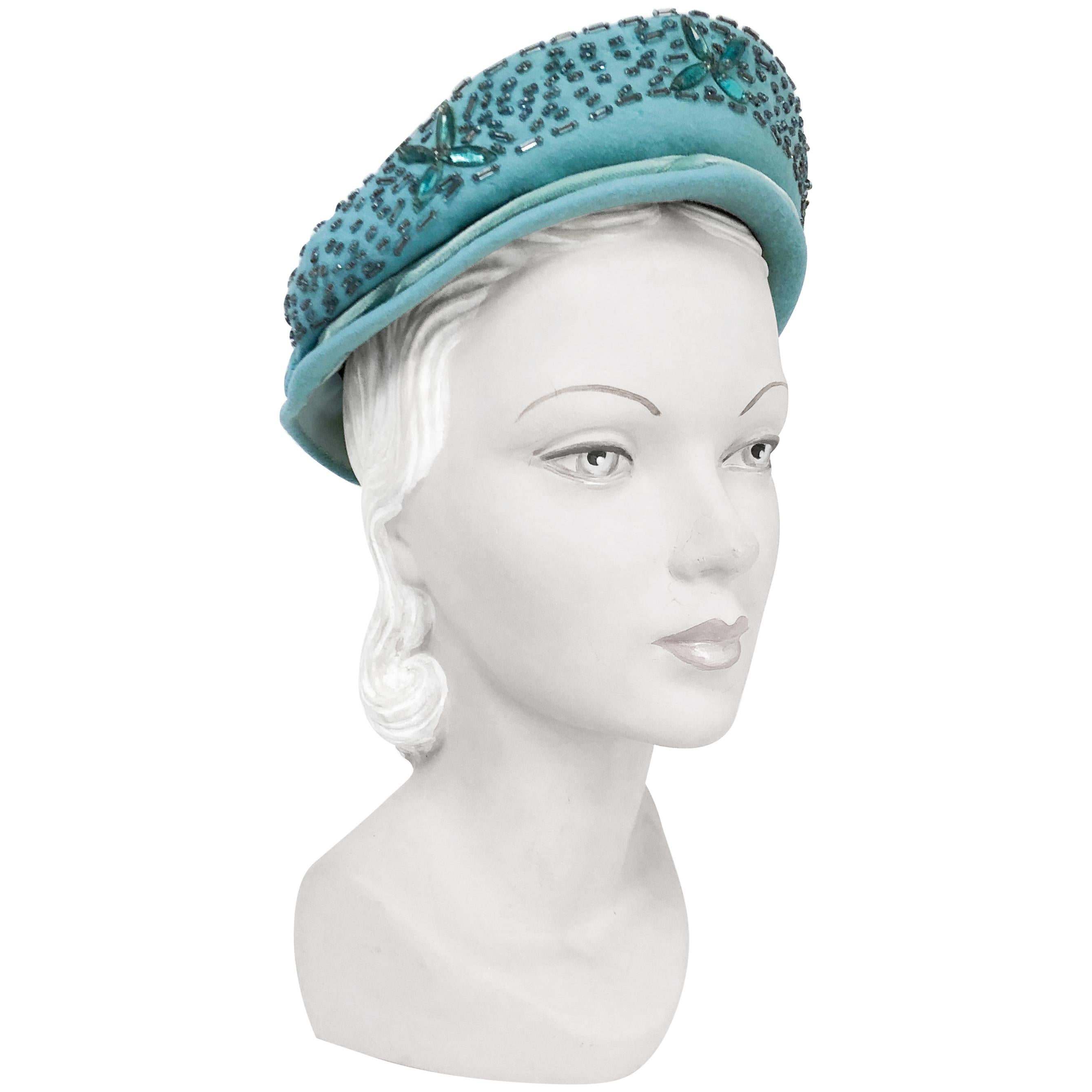 1940s Robin Egg Blue Felt Hat with Beadwork For Sale