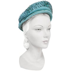 Vintage 1940s Robin Egg Blue Felt Hat with Beadwork