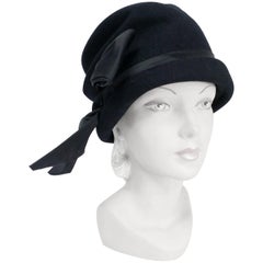 1960s Lilli Black Cashmere Cloche with Satin Charmeuse Bow and Band