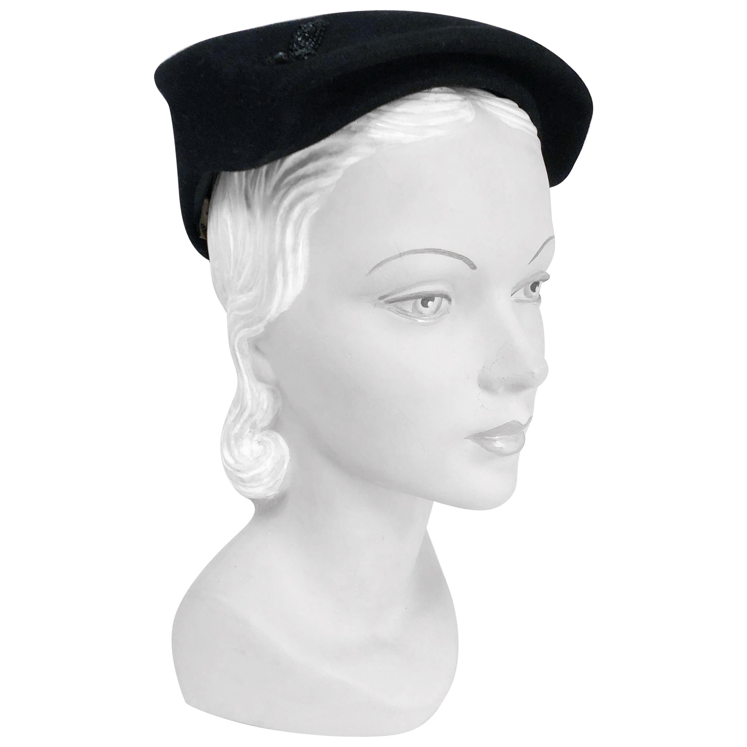 1950s Black Cashmere Sculptured Hat with Beadwork