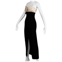 1990s Bill Blass Vintage Black + Off White Silk Satin Evening Gown / Dress