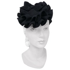 Vintage 1940s Black Felt Cocktail Hat with Ruffles and Bows