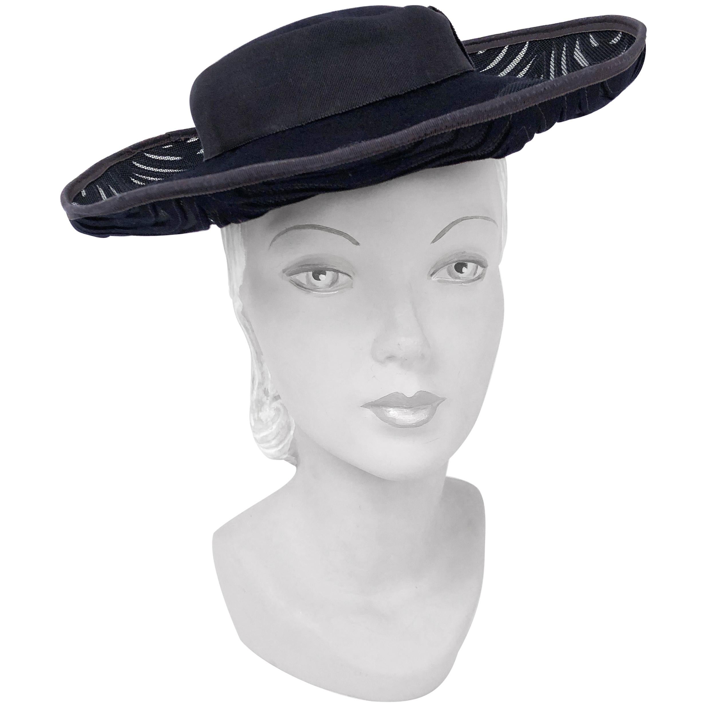 1940s Navy Felt Hat with Hand Cut Pattern and Netting For Sale