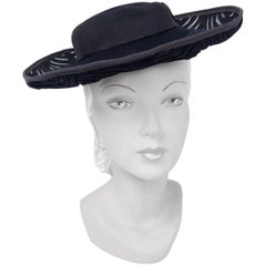 Vintage 1940s Navy Felt Hat with Hand Cut Pattern and Netting