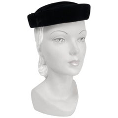 1950s Black Silk Velvet Hat with Embroidered Accents
