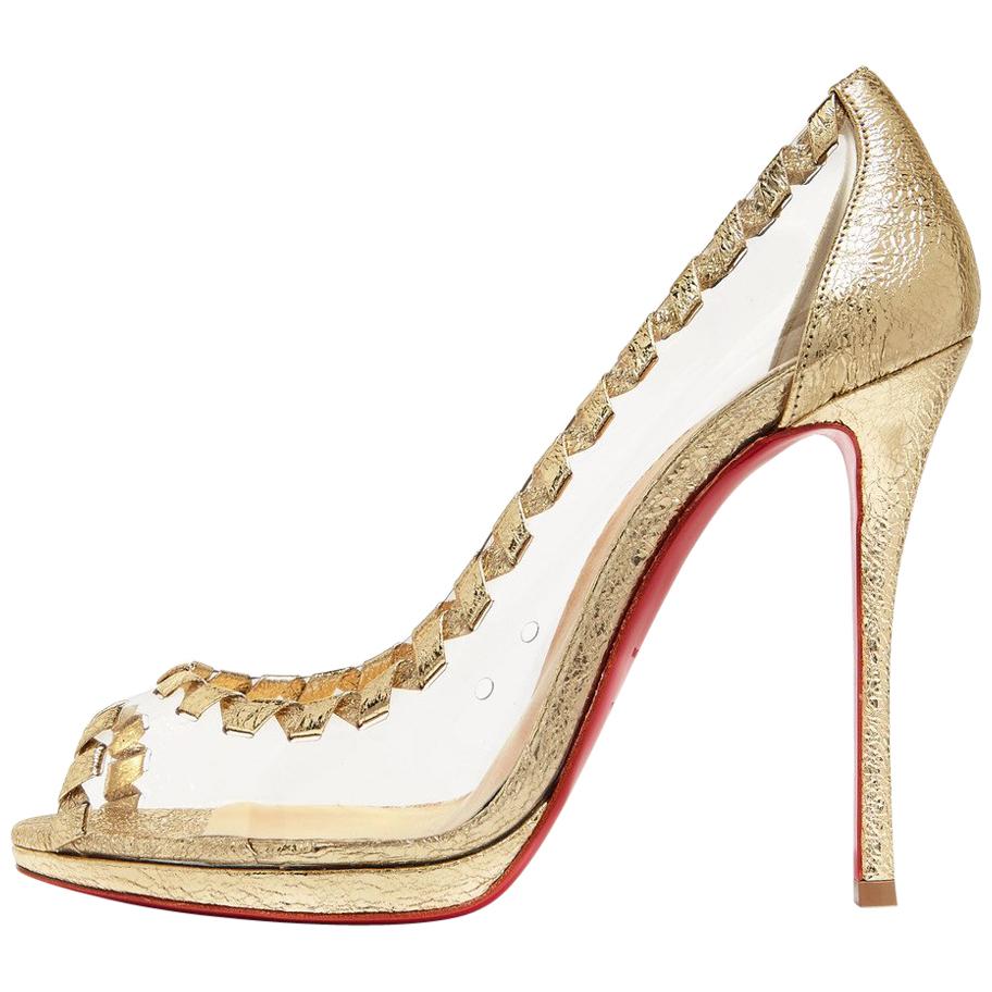 Christian Louboutin NEW Gold Leather Clear PVC Sandals Pumps Heels in Box
