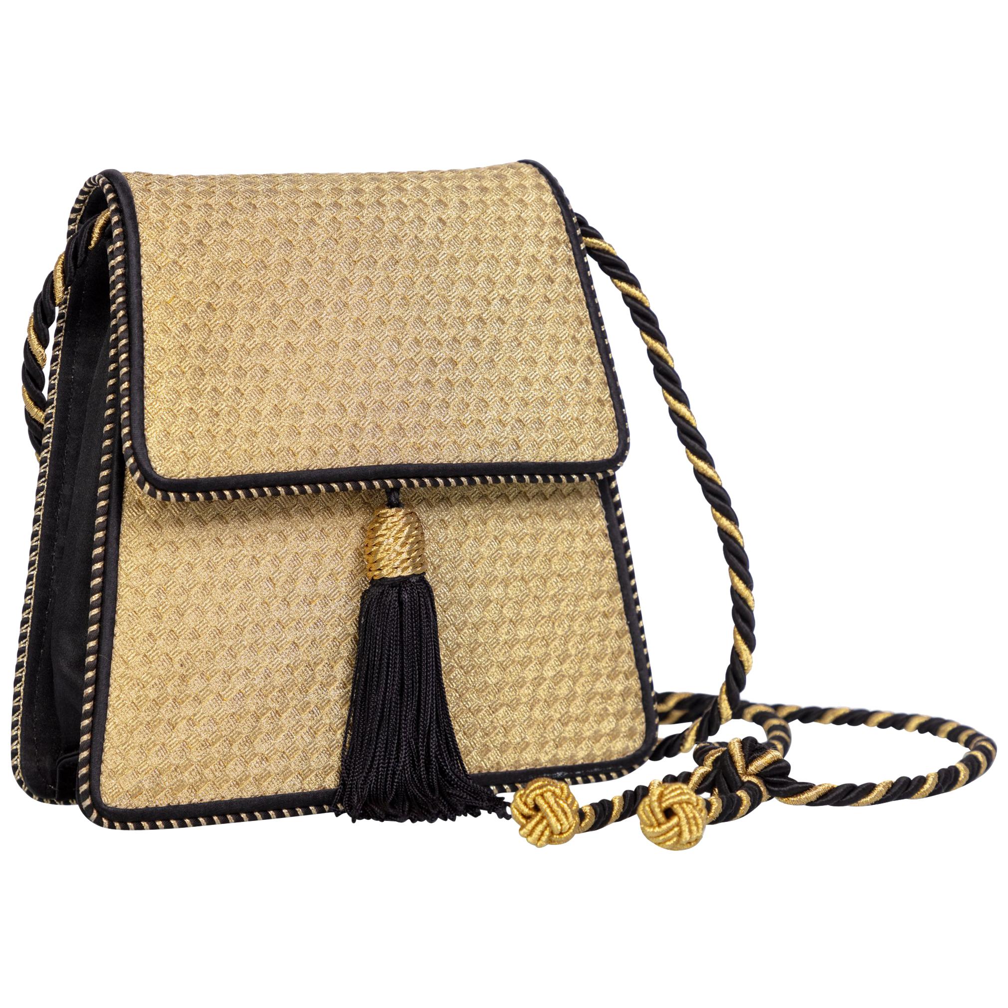 Vintage Bottega Veneta Gold Black Silk Tassel Evening Bag