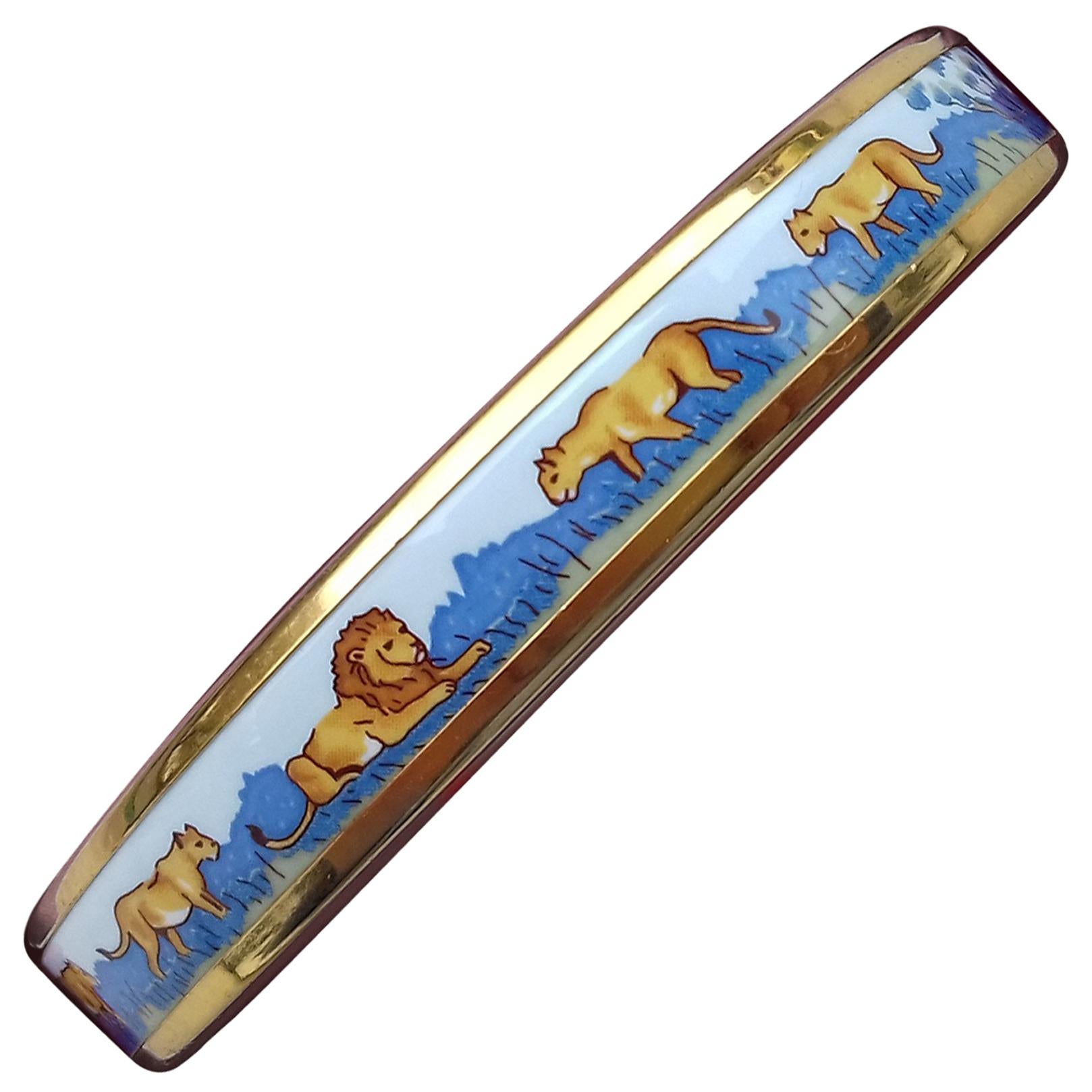 Hermès Printed Enamel Bracelet Lions and Lionesses Narrow Gold Hdw Size PM 65