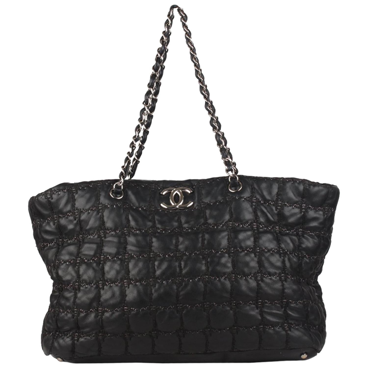 Chanel Black Tweed Square Stitch Quilted Leather Large Tote Bag