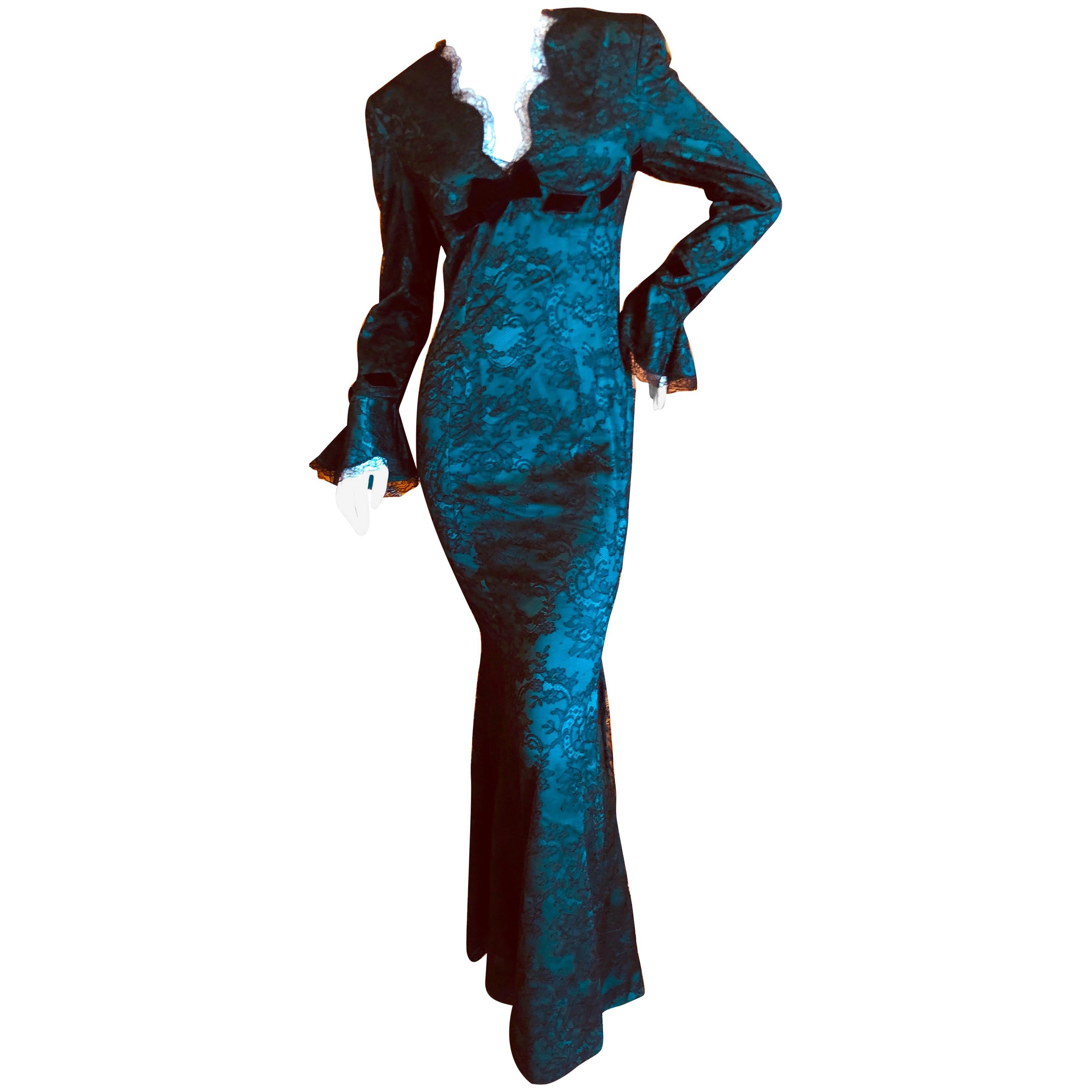 Thierry Mugler Green Vintage 80's Evening Dress with Black Lace Overlay For Sale