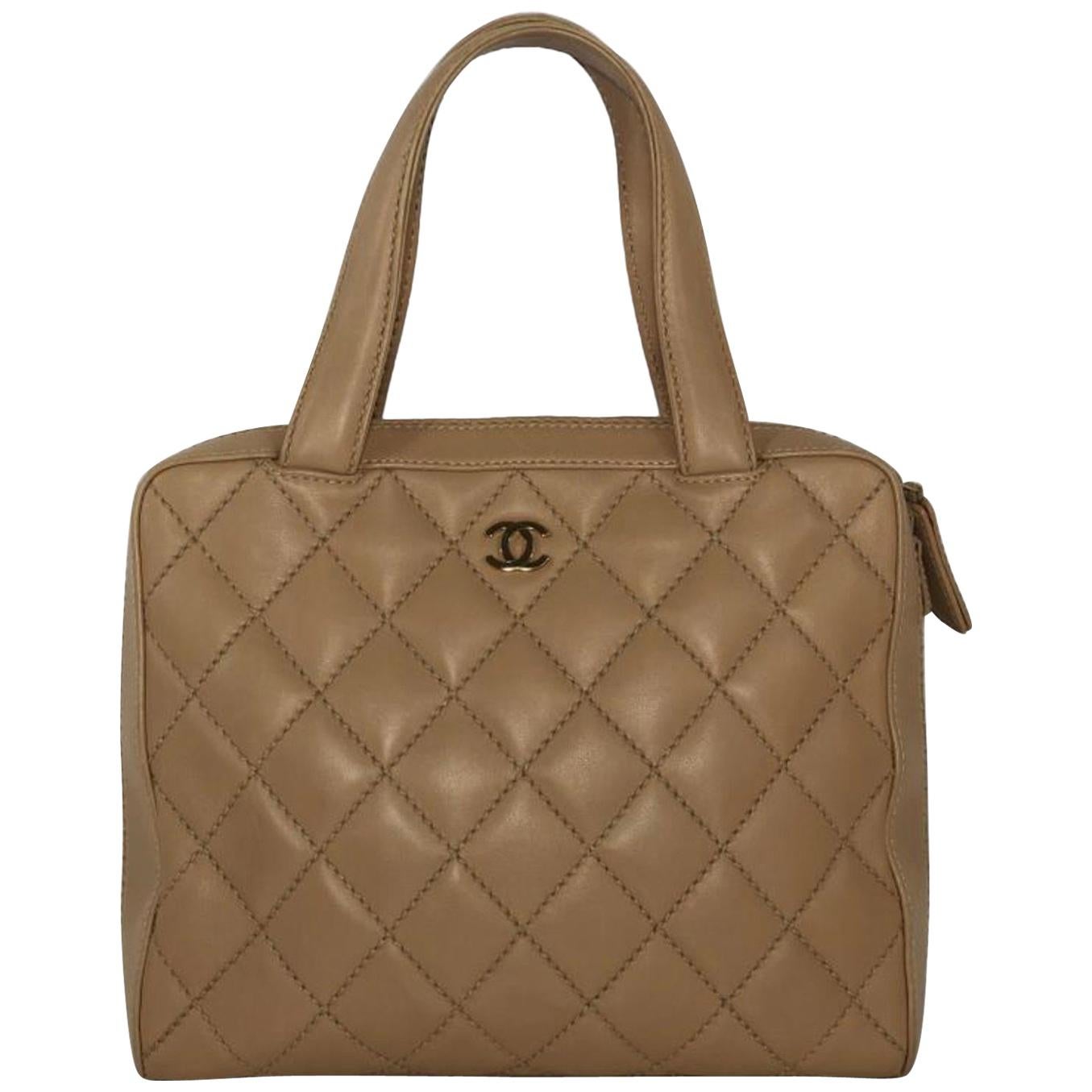 Chanel Lambskin Leather Wild Stitch Large Shoulder with Gold Hardware in Beige For Sale